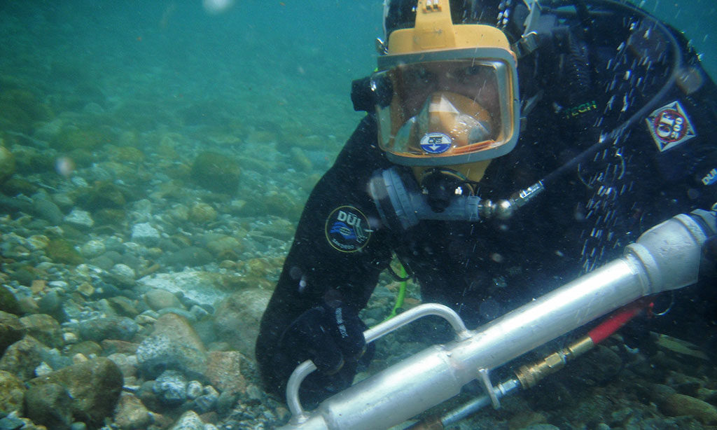 Diver Extracting Eggs from a salmon Redd